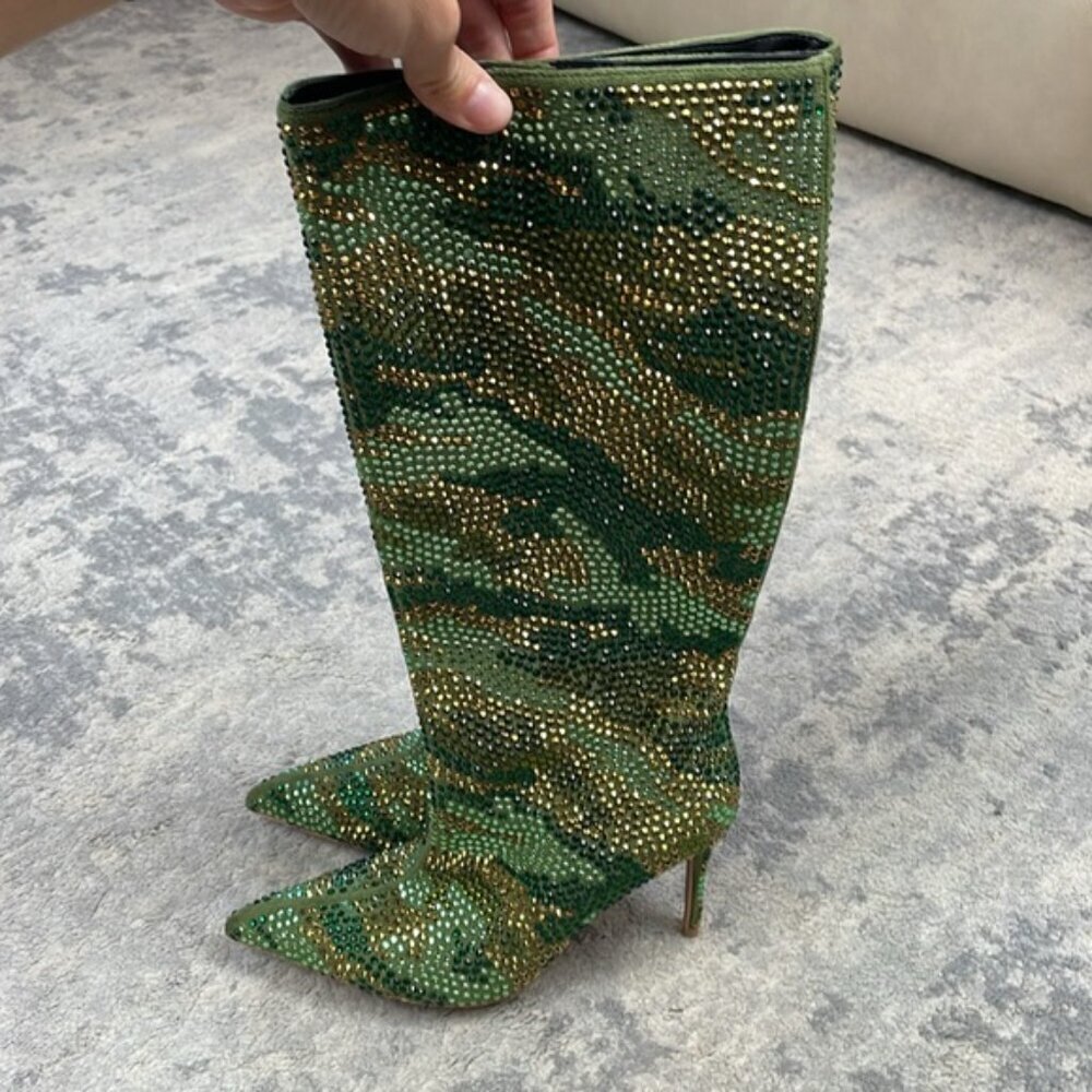 New Kurt Geiger Belgravia Pointed Toe Boot Rhinestone Crystal Camo Stiletto 36